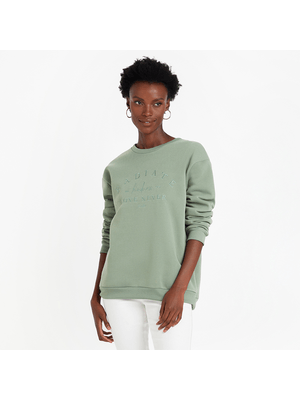 Women's Green Embroidered Slogan Sweater