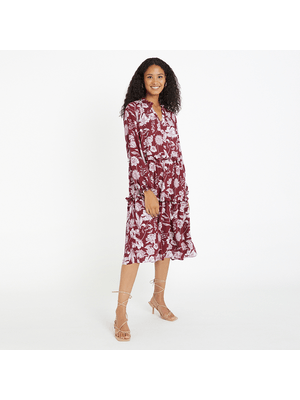 Women's Burgundy & White Floral Print Tiered Dress